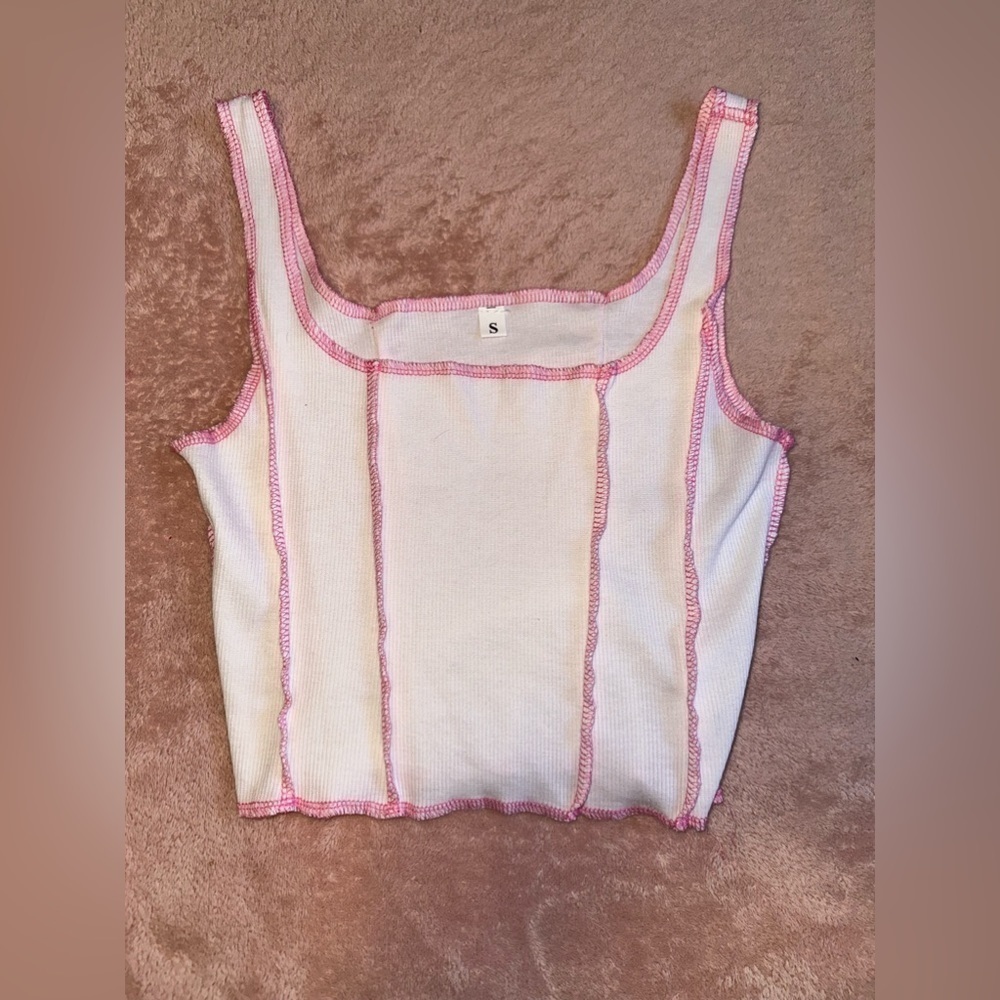 Womens White/ Pink Contrast Stitching Crop Ribbed Tank Top Size Small